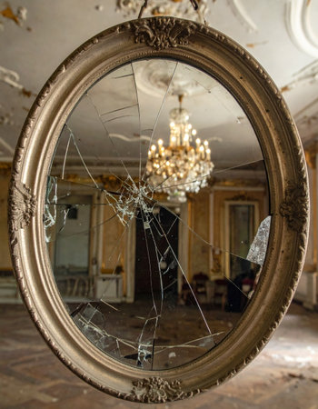 A cracked, ornate mirror hangs in a forgotten ballroom, its shattered surface reflecting the ghost of a once-grand chandelier.の素材