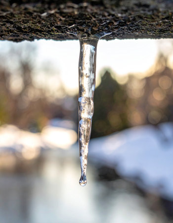 A single icicle, captured in a detailed close-up, hangs against a soft-focus winter background.の素材