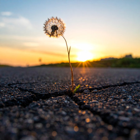 Against all odds, a single, delicate dandelion pushes through a crack in the urban asphalt, its seed head illuminated by the warm, golden light of a setting sun.の素材