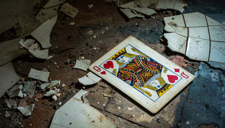 A single Queen of Hearts playing card lies discarded on the floor amidst the rubble and debris of an abandoned building.の素材