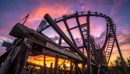 The silhouette of a classic wooden roller coaster stands against a breathtakingly vibrant sunset.の素材