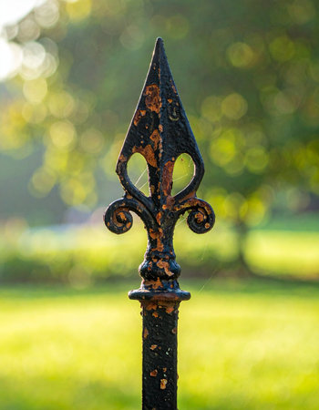 A close-up of a vintage wrought iron fence finial, its rusty surface glowing in the warm golden light of a setting sun.の素材