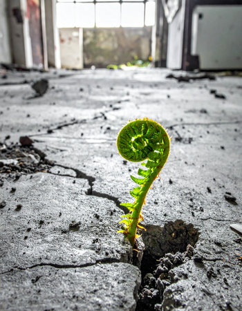 In the quiet of an abandoned, decaying building, a single, vibrant green fern sprout defies the odds.の素材