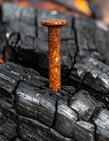 A single rusty nail stands firm, embedded in the charred remains of burnt timber. A powerful symbol of endurance, survival, and strength in the face of destruction and adversity.の素材
