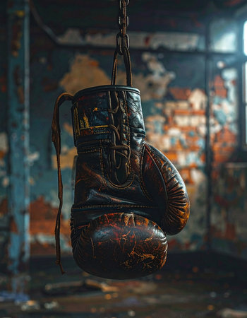 A single, weathered boxing glove hangs in the silence of a forgotten gym.の素材