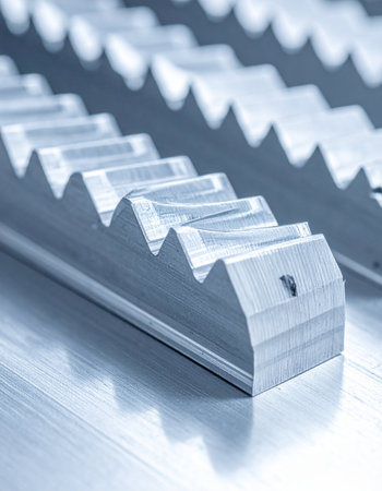 A detailed macro shot captures the precise, interlocking teeth of a newly machined metal gear rack.の素材