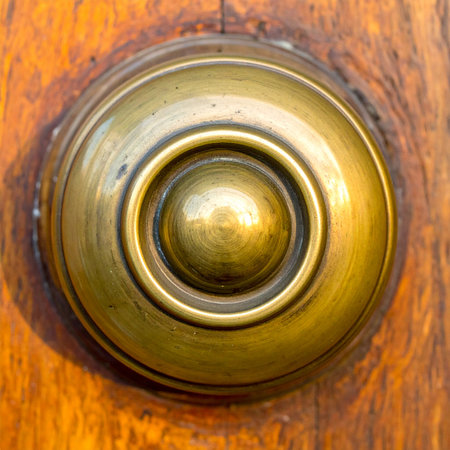 A close-up view of a classic, round brass doorknob set against the warm grain of a wooden door.の素材