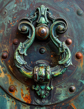 A close-up view of an ornate, antique door knocker, rich with the history of countless visitors.の素材