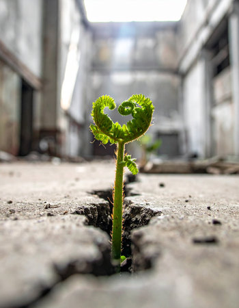 In the quiet solitude of a forgotten, derelict building, a single, vibrant green sprout defies the odds.の素材