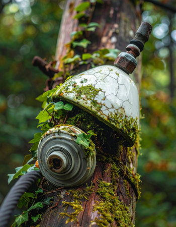 Deep within a quiet forest, an old piece of forgotten technology is slowly being reclaimed by nature.の素材