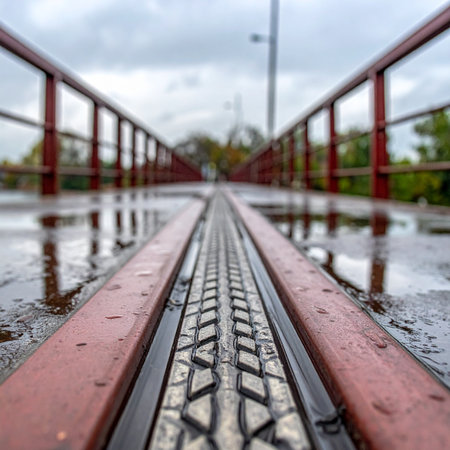 A solitary bicycle journey on a rainy day. The wet tire tread grips the path of the red bridge, leading towards an unknown destination.の素材