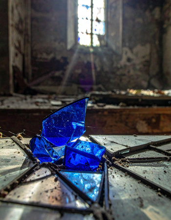 In the quiet decay of a forgotten church, brilliant blue fragments of a shattered stained glass window catch a solitary sunbeam.の素材
