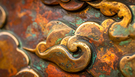 A detailed macro shot captures the rich texture of an ancient Asian bronze relief.の素材