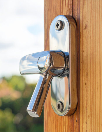 A close-up of a modern, polished chrome window latch securely fastened to a warm wooden frame.の素材