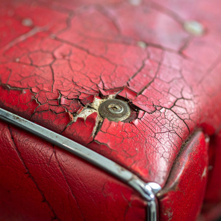 A close-up captures the story of time on a vibrant red surface.の素材
