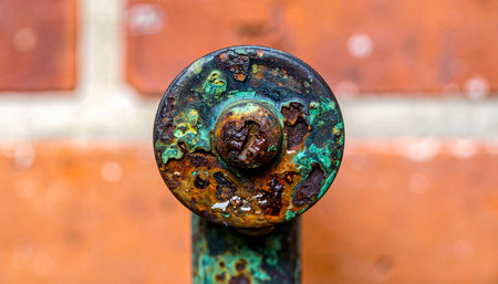 A macro photograph captures the intricate beauty of decay. A heavily corroded metal bolt, adorned with a vibrant green and blue patina, stands in stark contrast to the warm red brick behind it.の素材