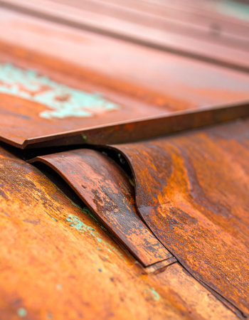 A detailed macro view captures the intricate texture of a weathered copper roof.の素材