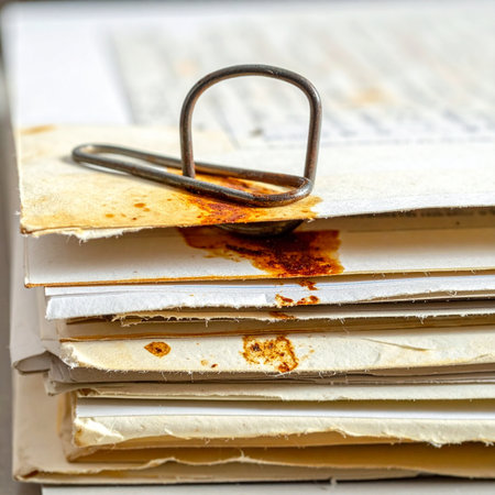 A close-up view of a rusty paperclip leaving a stain on a stack of old, forgotten documents.の素材