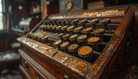 A detailed close-up of an ornate vintage cash register, its wooden frame and brass keys glowing in soft light.の素材