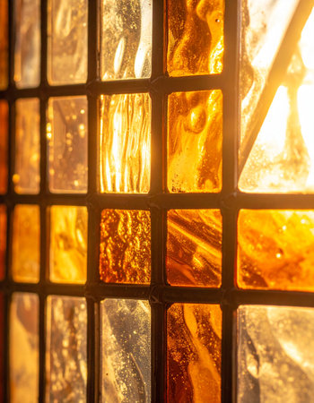 Golden hour sunlight streams through a textured, multi-hued glass window, casting a warm and inviting glow.の素材
