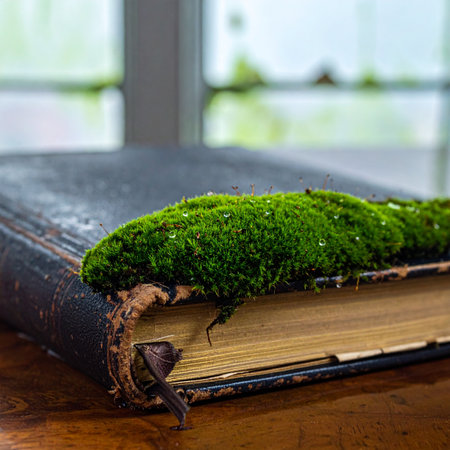 In a quiet corner, bathed in soft window light, an ancient book rests forgotten.の素材