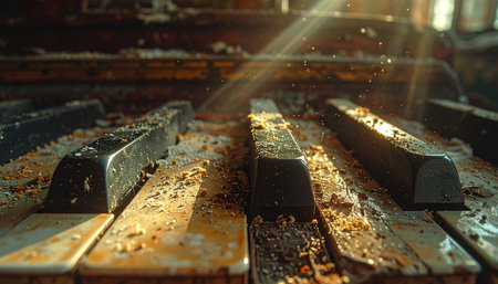 In a forgotten room, beams of sunlight cut through the dusty air, illuminating the silent keys of an abandoned piano.の素材