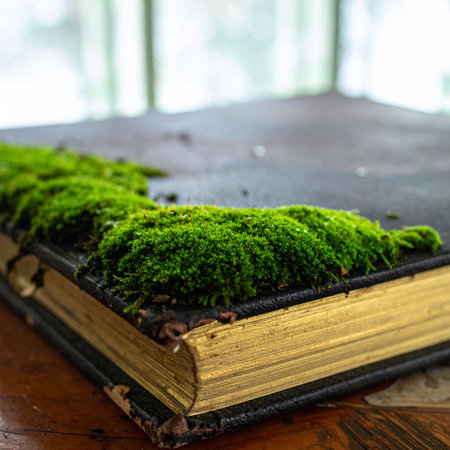 In a forgotten corner, time stands still as vibrant green moss blankets an ancient, gilded book.の素材