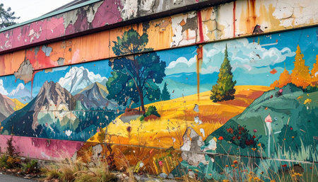 A vibrant landscape mural brings a splash of color and life to a decaying urban wall.の素材
