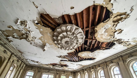 A low-angle view captures the dramatic collapse of an ornate plaster ceiling in a forgotten ballroom.の素材