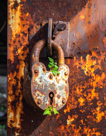 Against a backdrop of deep rust and decay, a determined green sprout emerges from an old, forgotten padlock.の素材