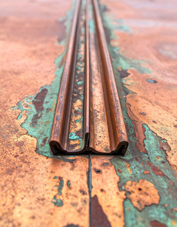 A close-up view captures the intricate detail of a standing seam on a copper roof.の素材