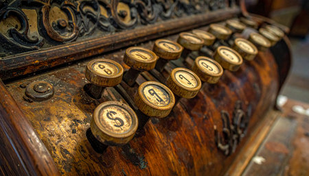 A detailed close-up of a vintage cash register, its ornate brass keys gleaming under warm light.の素材