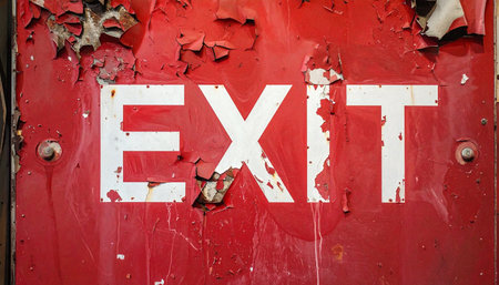 The stark white letters of an exit sign stand out against a distressed red background.の素材