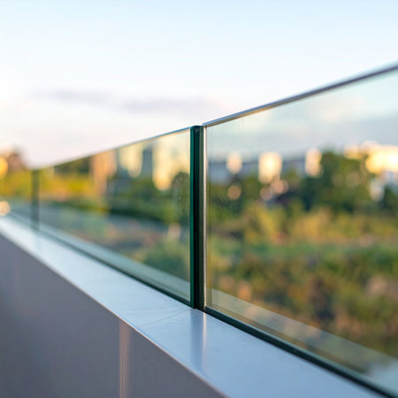 A close-up perspective of a sleek, frameless glass railing on a modern balcony.の素材