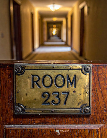 A close-up on a vintage brass plaque for Room 237 invites speculation and suspense. In the background, a long, repeating hallway blurs into the distance, creating a sense of unease and mystery.の素材