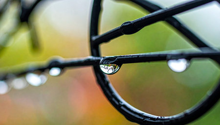 A single, perfect raindrop clings to a dark wire fence, holding a crystal-clear reflection of the world after a cleansing rain.の素材