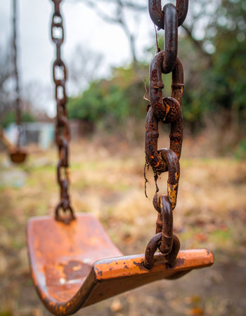 A close-up view of a weathered swing, its rusty chains telling a story of forgotten laughter and bygone days.の素材