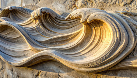 Golden sunlight washes over a masterfully carved stone bas-relief, capturing the eternal power and fluid motion of ocean waves.の素材