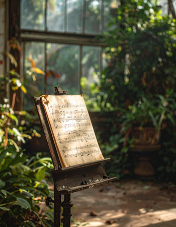 Sunlight streams through the windows of a lush greenhouse, casting a warm glow on a vintage music stand.の素材