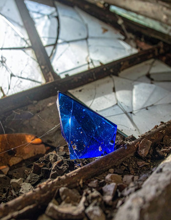In the heart of a forgotten, derelict building, a single shard of vibrant blue glass catches the light amidst the dust and rubble.の素材