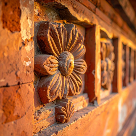 As the sun sets, its warm golden light grazes the surface of an ancient temple wall, illuminating the intricate details of a handcrafted terracotta flower.の素材
