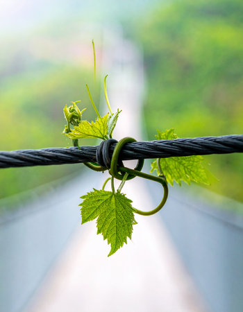 A delicate green vine with fresh leaves tenaciously wraps itself around a stark industrial cable.の素材