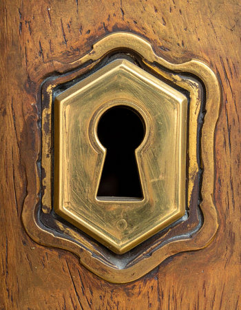 A detailed close-up of an ornate, antique brass keyhole set into a warm, textured wooden surface.の素材