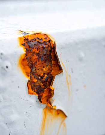 A close-up view captures the relentless process of decay as vibrant orange rust breaks through a brittle layer of white paint.の素材