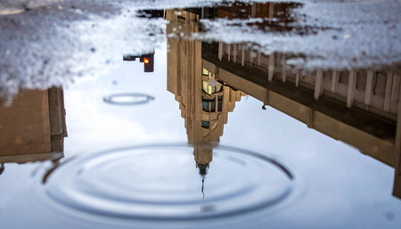 An alternate view of the city emerges from a simple puddle on the pavement.の素材