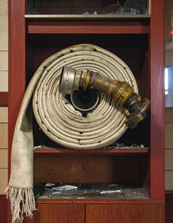 A vintage fire hose, neatly coiled with its brass nozzle gleaming, rests inside a red emergency cabinet.の素材