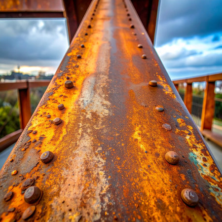 A low-angle perspective follows the weathered surface of a massive, rust-covered steel girder.の素材