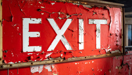 A close-up of a distressed red exit sign, its paint peeling away to reveal layers of history. The weathered texture and stark lettering evoke a sense of urgency, decay, and the end of a path.の素材