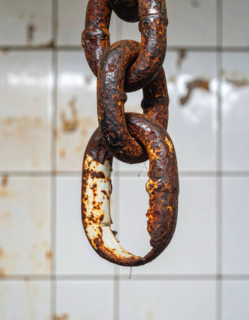 Hanging against a cold, tiled wall, a heavy industrial chain shows its breaking point.の素材
