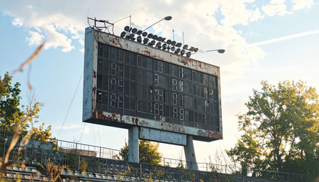 A relic of past victories and defeats, this old, weathered scoreboard stands silent against the sky.の素材